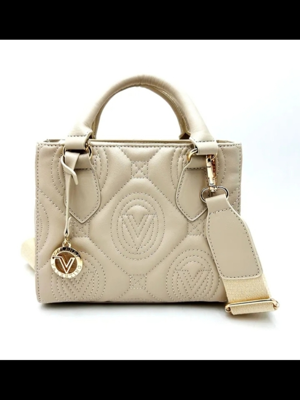 Valentino Orlandi Quilted Cream Tote with Gold Charm